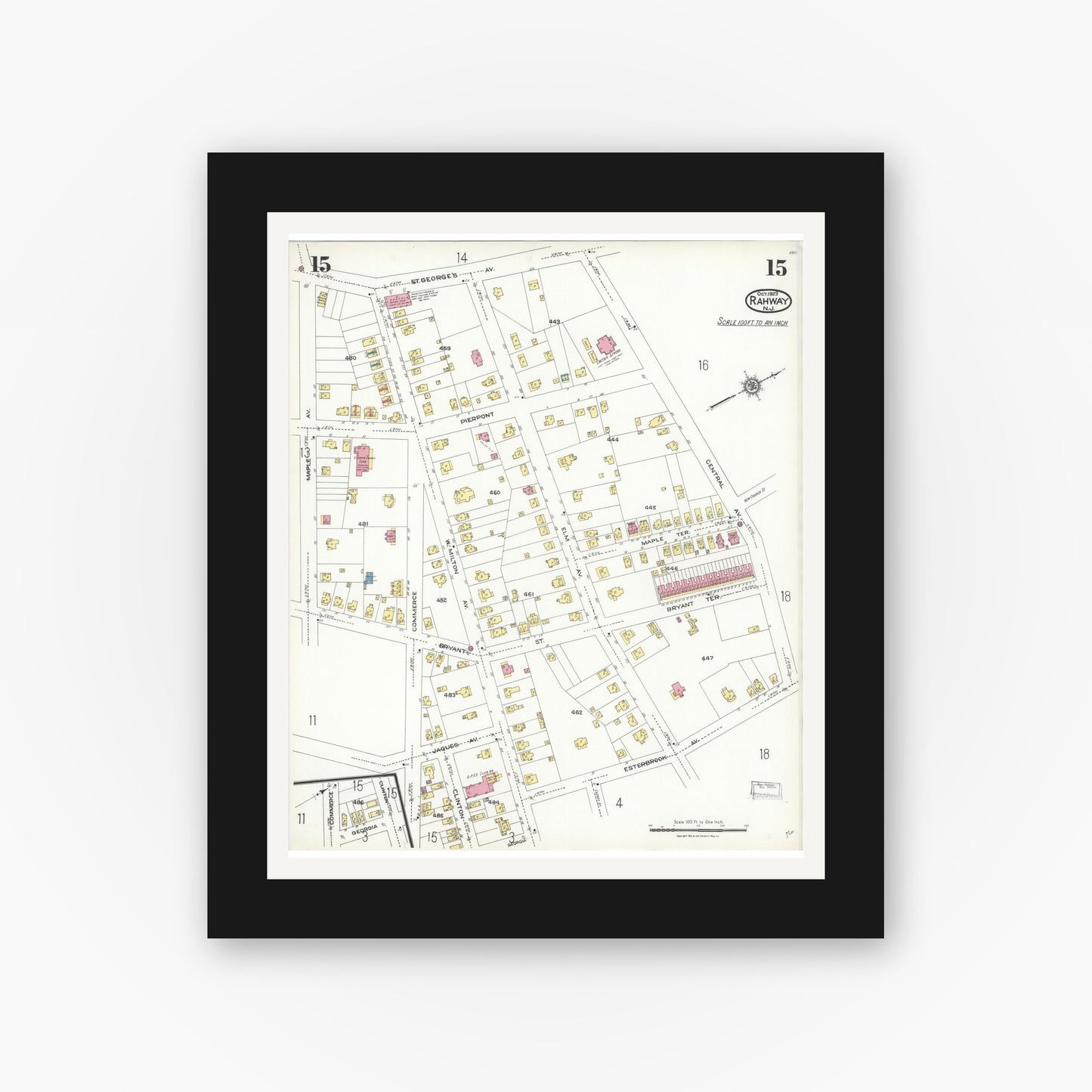 Old map wall art mockup — black gallery frame with white mat — Sanborn Fire Insurance Map from Rahway, Union County, New Jersey (1923), Sheet #0015