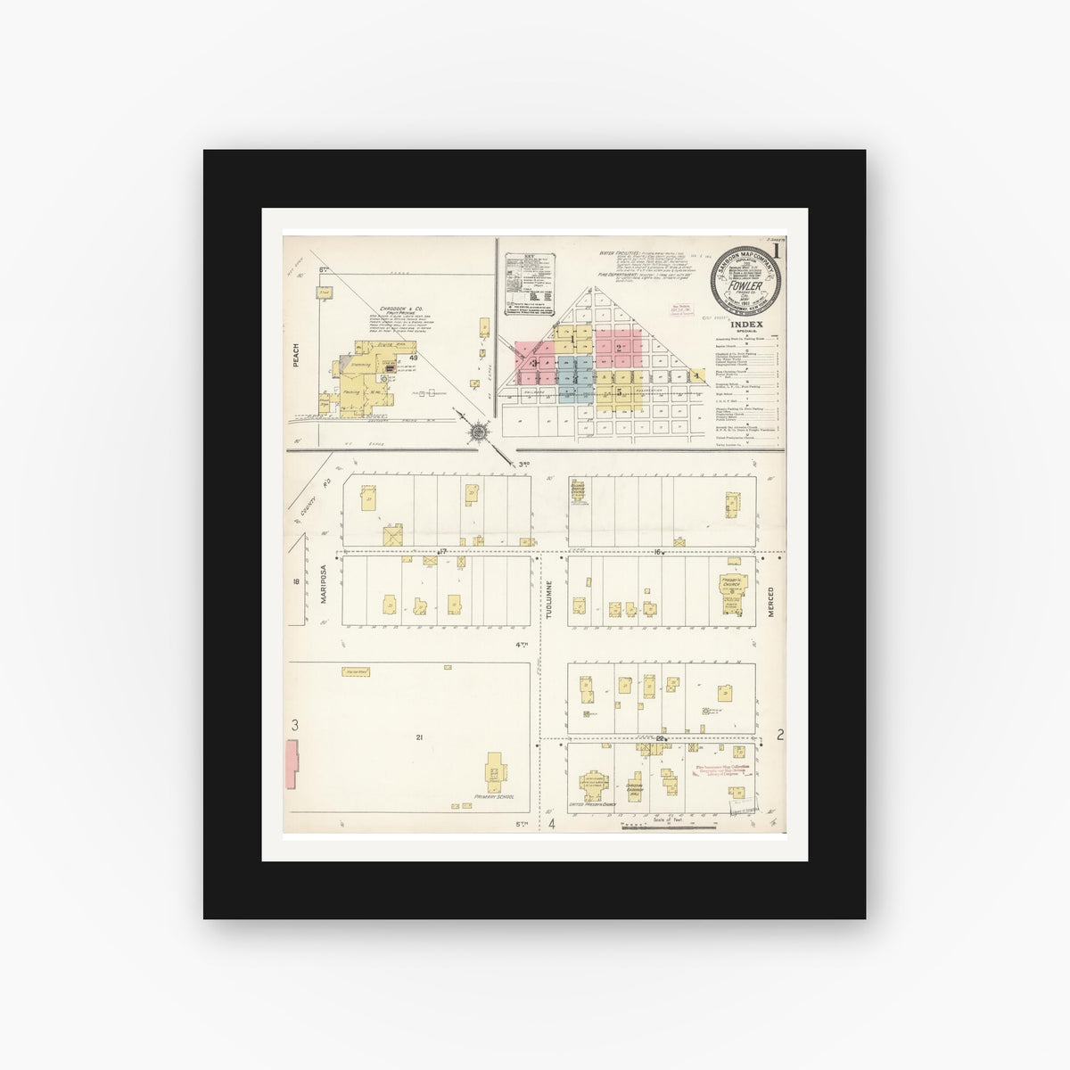 Old map wall art mockup — black gallery frame with white mat — Sanborn Fire Insurance Map from Fowler, Fresno County, California (1911) - Complete Map Set
