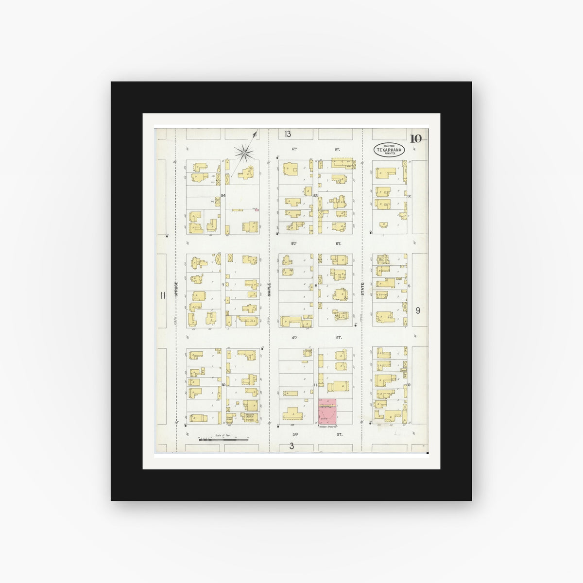 Old map wall art mockup — black gallery frame with white mat — Sanborn Fire Insurance Map from Texarkana, Bowie County, Texas (1900), Sheet #0010