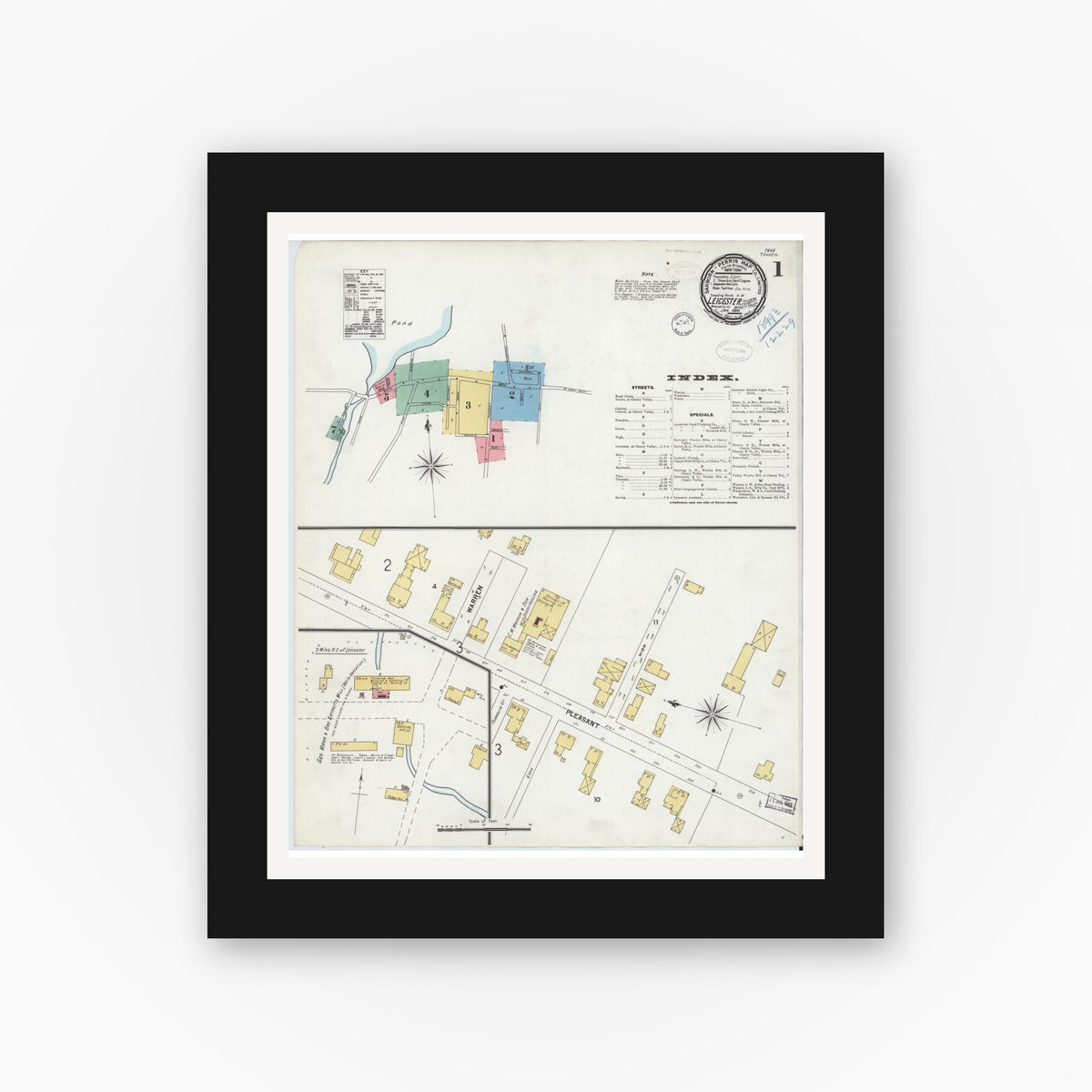 Old map wall art mockup — black gallery frame with white mat — Sanborn Fire Insurance Map from Leicester, Worcester County, Massachusetts (1889) - Complete Map Set