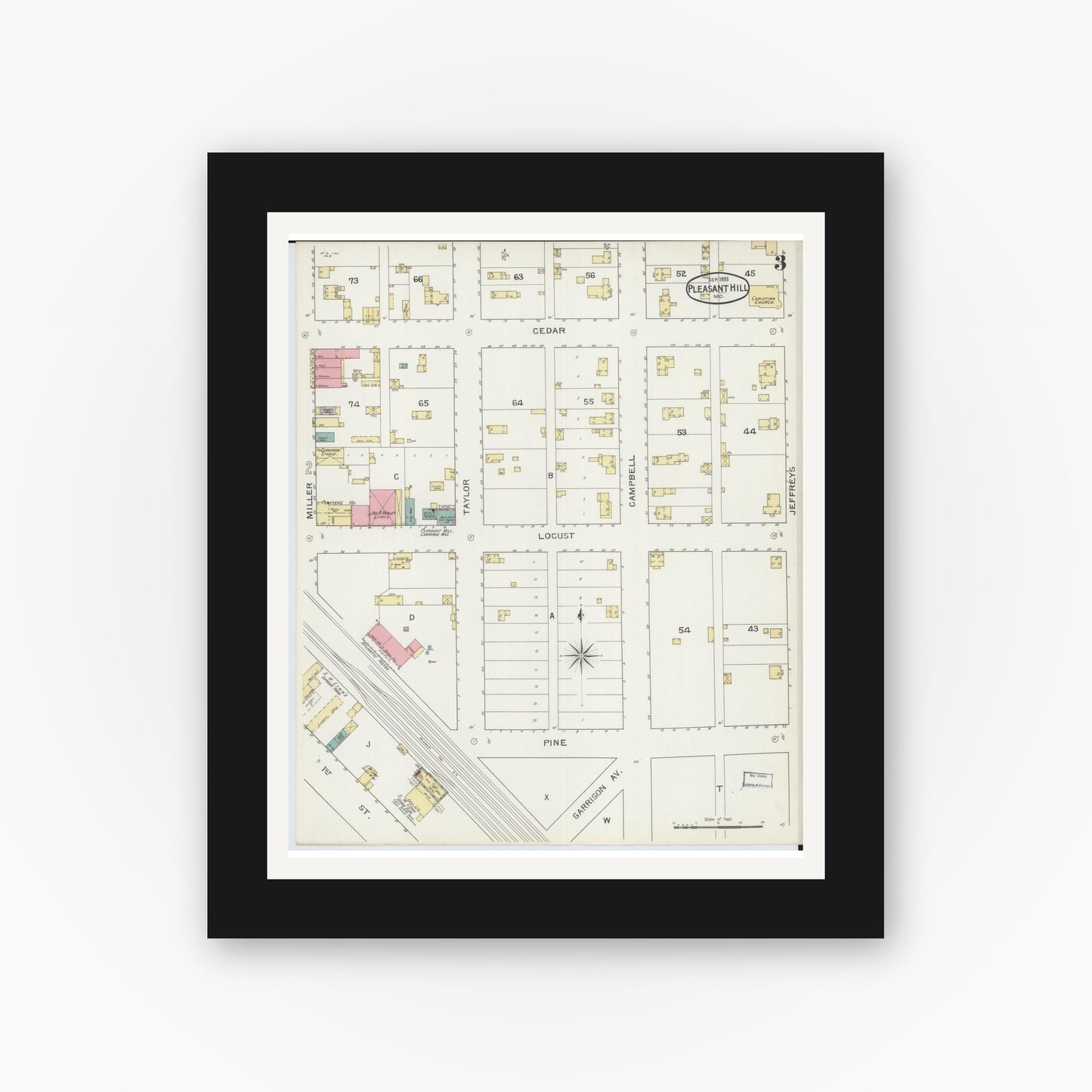 Old map wall art mockup — black gallery frame with white mat — Sanborn Fire Insurance Map from Pleasant Hill, Cass County, Missouri (1893), Sheet #0003