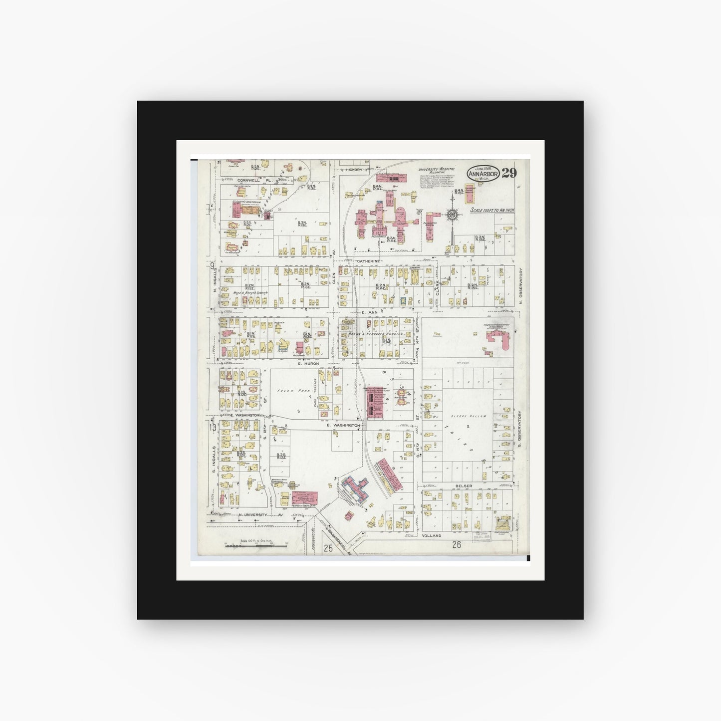 Old map wall art mockup — black gallery frame with white mat — Sanborn Fire Insurance Map from Ann Arbor, Washtenaw County, Michigan (1916), Sheet #0029