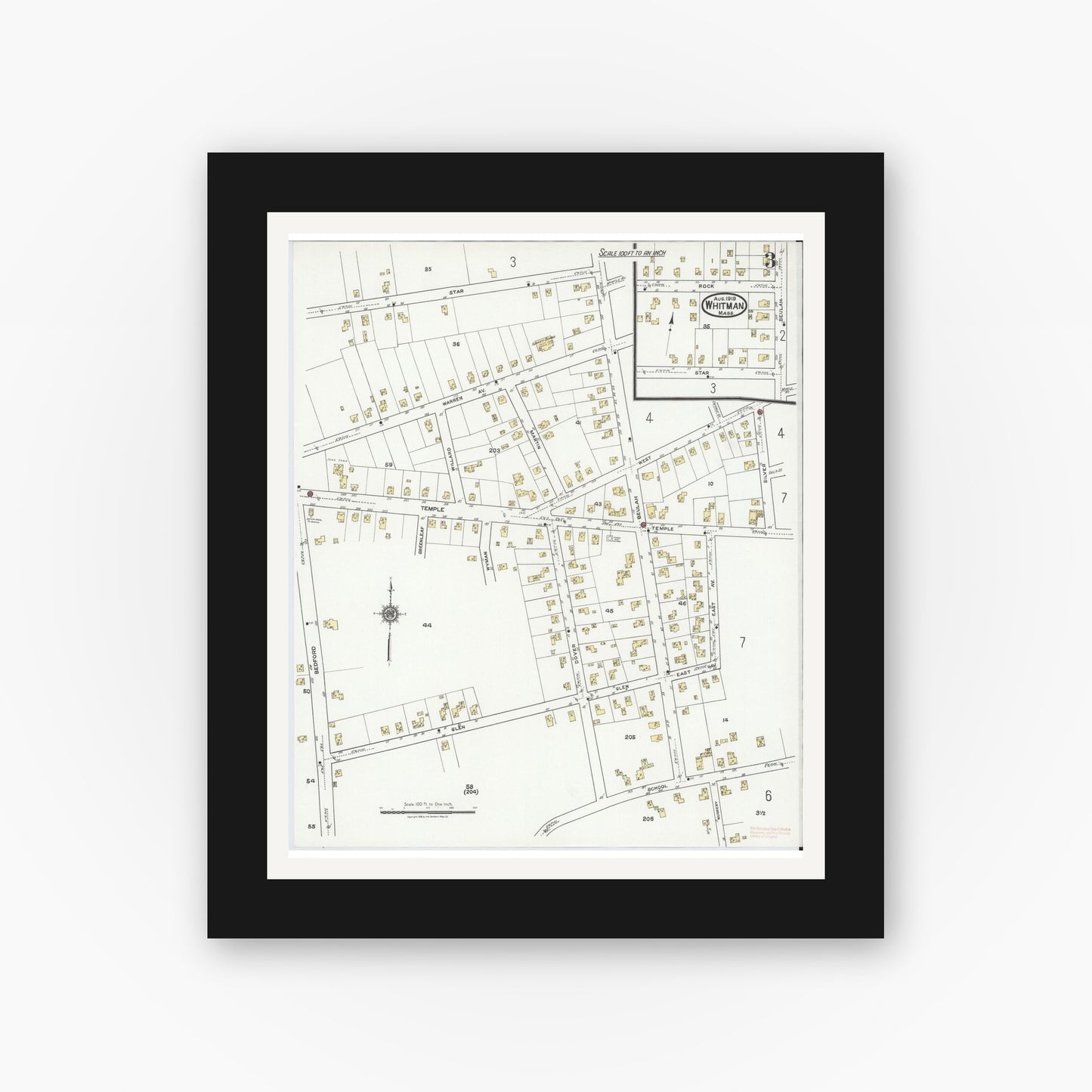 Old map wall art mockup — black gallery frame with white mat — Sanborn Fire Insurance Map from Whitman, Plymouth County, Massachusetts (1919), Sheet #0003