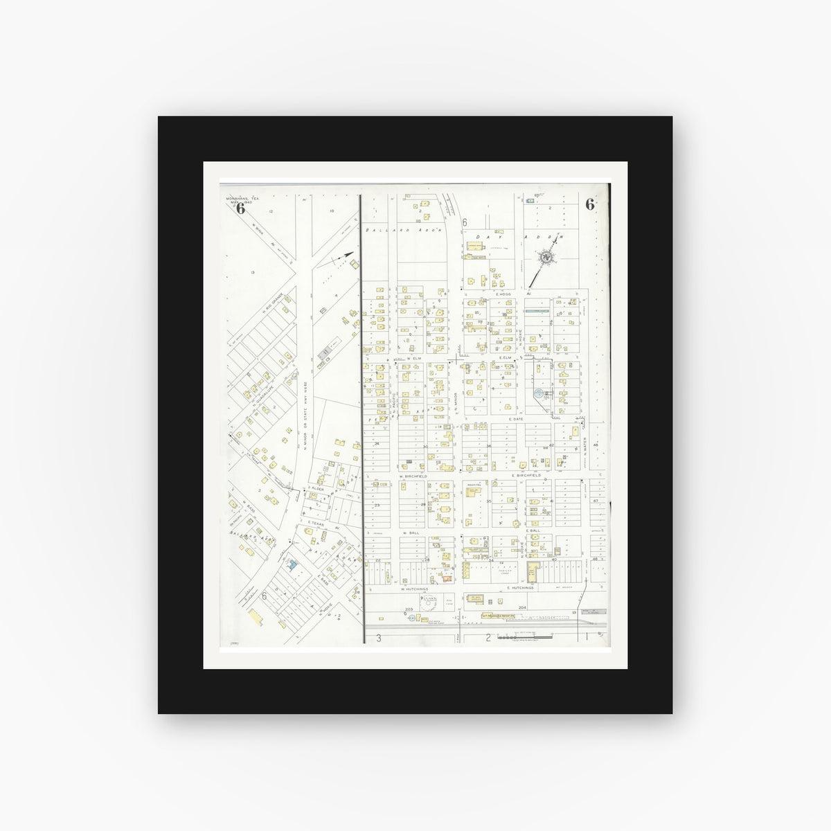 Old map wall art mockup — black gallery frame with white mat — Sanborn Fire Insurance Map from Monahans, Ward County, Texas (1940), Sheet #0006