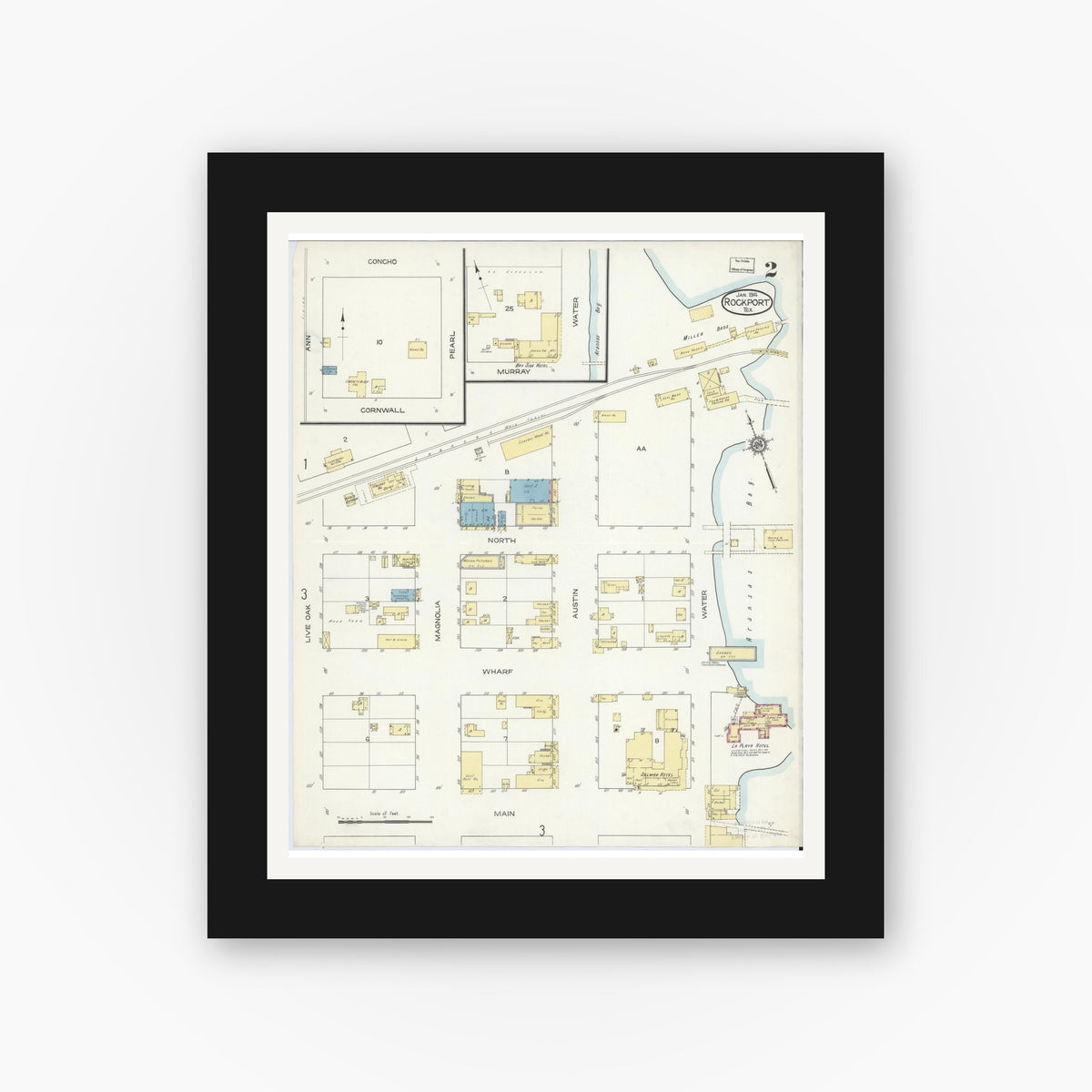 Old map wall art mockup — black gallery frame with white mat — Sanborn Fire Insurance Map from Rockport, Aransas County, Texas (1914), Sheet #0002