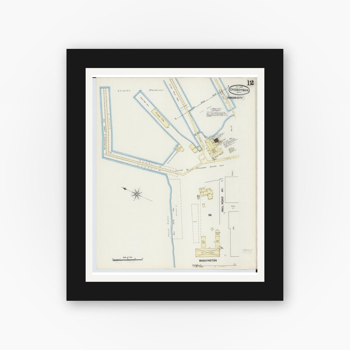 Old map wall art mockup — black gallery frame with white mat — Sanborn Fire Insurance Map from Cheboygan, Cheboygan County, Michigan (1890), Sheet #0012