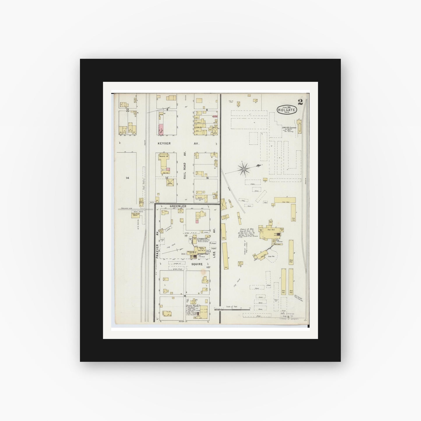 Old map wall art mockup — black gallery frame with white mat — Sanborn Fire Insurance Map from Holgate, Henry County, Ohio (1895), Sheet #0002