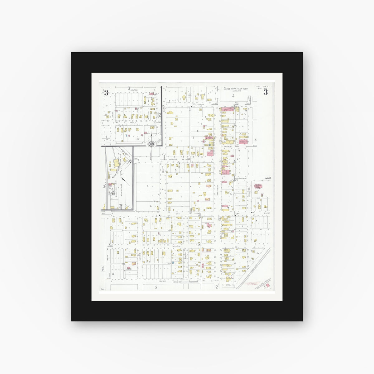 Old map wall art mockup — black gallery frame with white mat — Sanborn Fire Insurance Map from Coal City, Grundy County, Illinois (1933), Sheet #0003