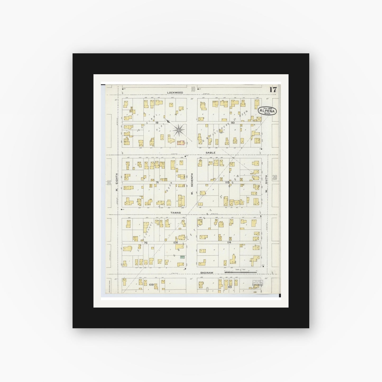 Old map wall art mockup — black gallery frame with white mat — Sanborn Fire Insurance Map from Alpena, Alpena County, Michigan (1895), Sheet #0017