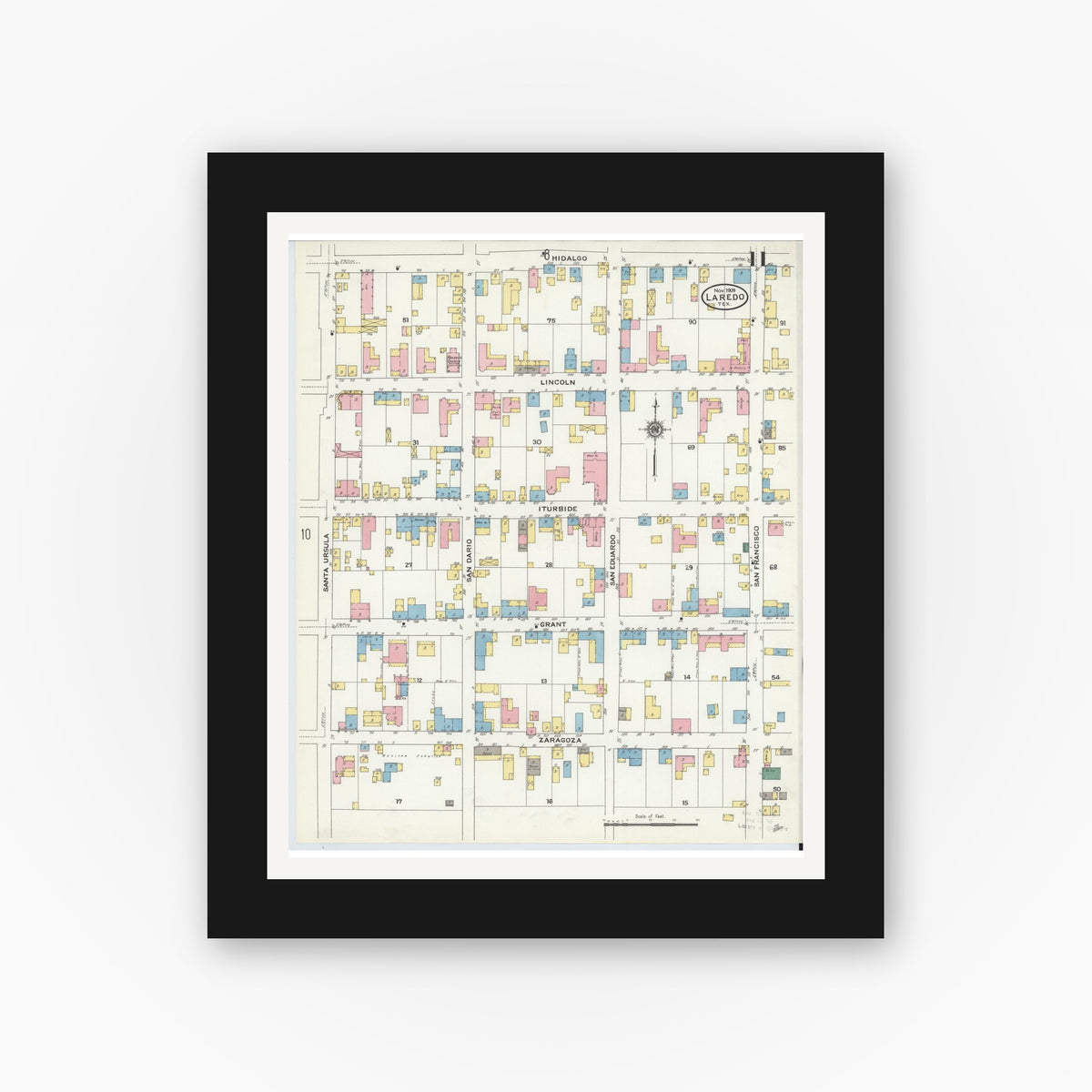 Old map wall art mockup — black gallery frame with white mat — Sanborn Fire Insurance Map from Laredo, Webb County, Texas (1909), Sheet #0011