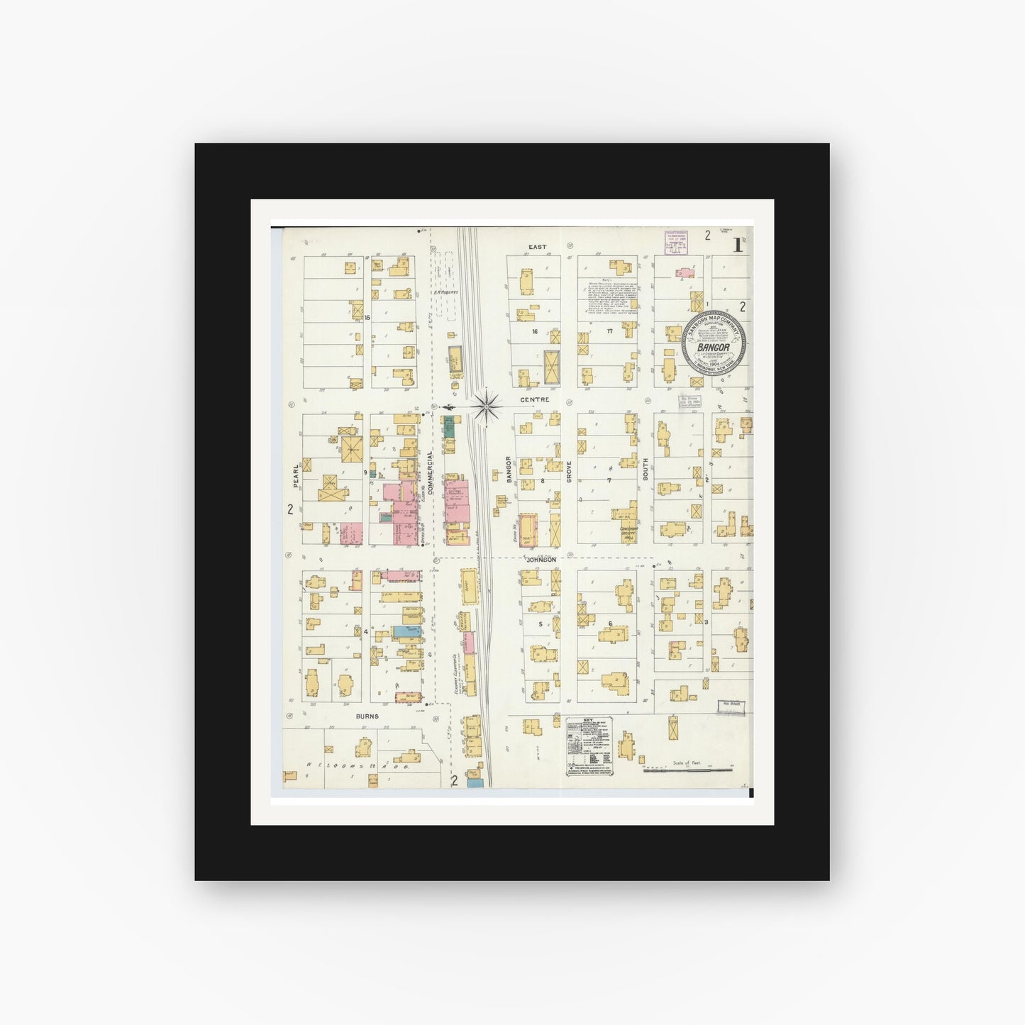Old map wall art mockup — black gallery frame with white mat — Sanborn Fire Insurance Map from Bangor, La Crosse County, Wisconsin (1904), Sheet #0001