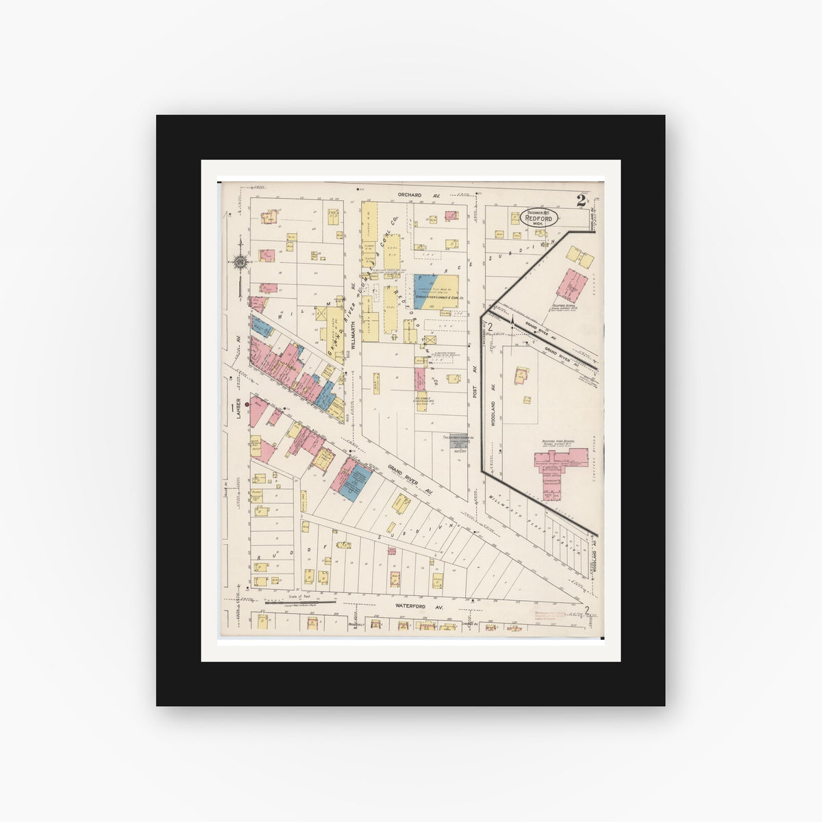 Old map wall art mockup — black gallery frame with white mat — Sanborn Fire Insurance Map from Redford, Wayne County, Michigan (1921), Sheet #0002