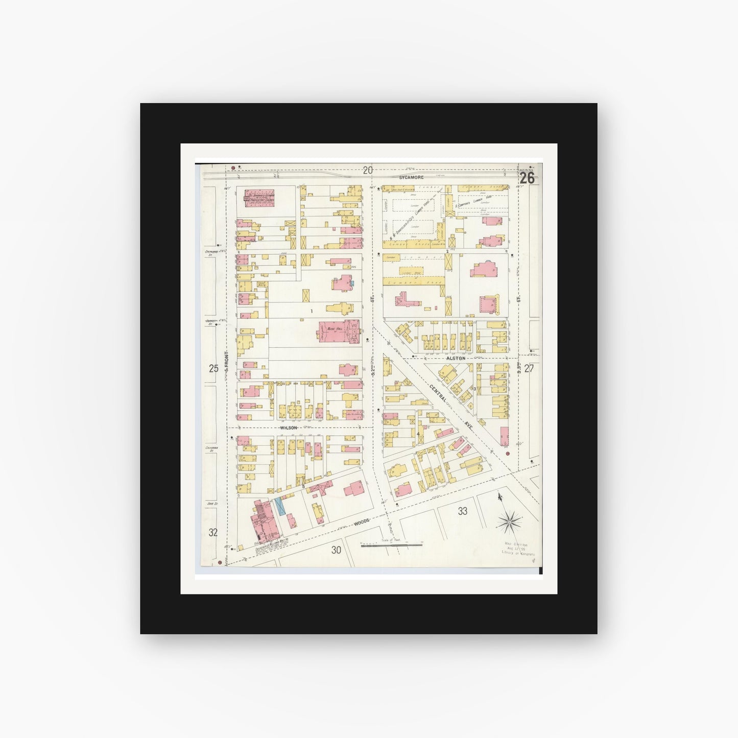 Old map wall art mockup — black gallery frame with white mat — Sanborn Fire Insurance Map from Hamilton, Butler County, Ohio (1899), Sheet #0026