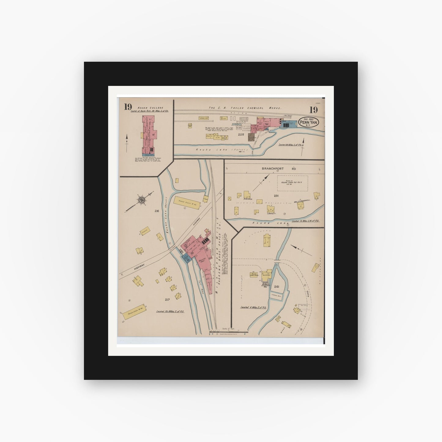 Old map wall art mockup — black gallery frame with white mat — Sanborn Fire Insurance Map from Penn Yan, Yates County, New York (1922), Sheet #0019
