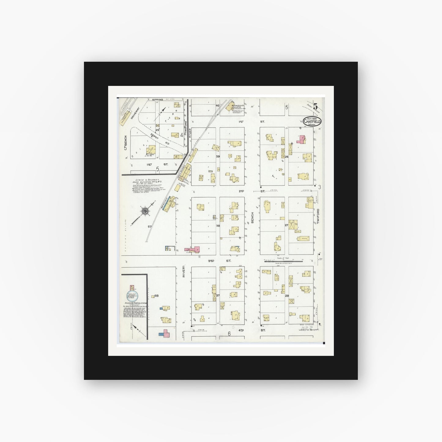Old map wall art mockup — black gallery frame with white mat — Sanborn Fire Insurance Map from Chatfield, Fillmore And Olmsted Counties, Minnesota (1920), Sheet #0005