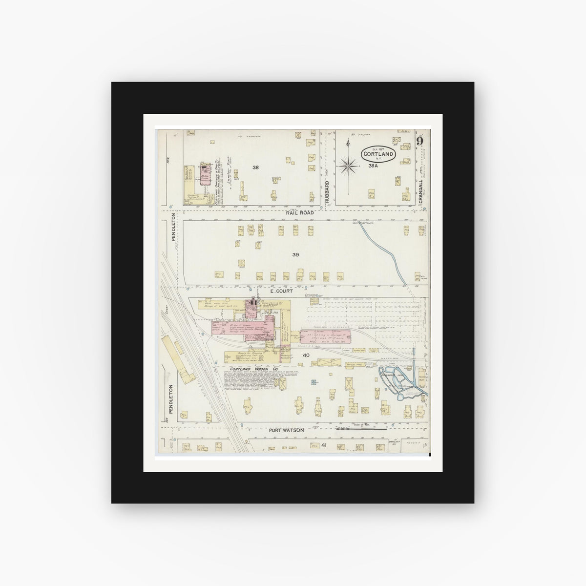 Old map wall art mockup — black gallery frame with white mat — Sanborn Fire Insurance Map from Cortland, Cortland County, New York (1887), Sheet #0009