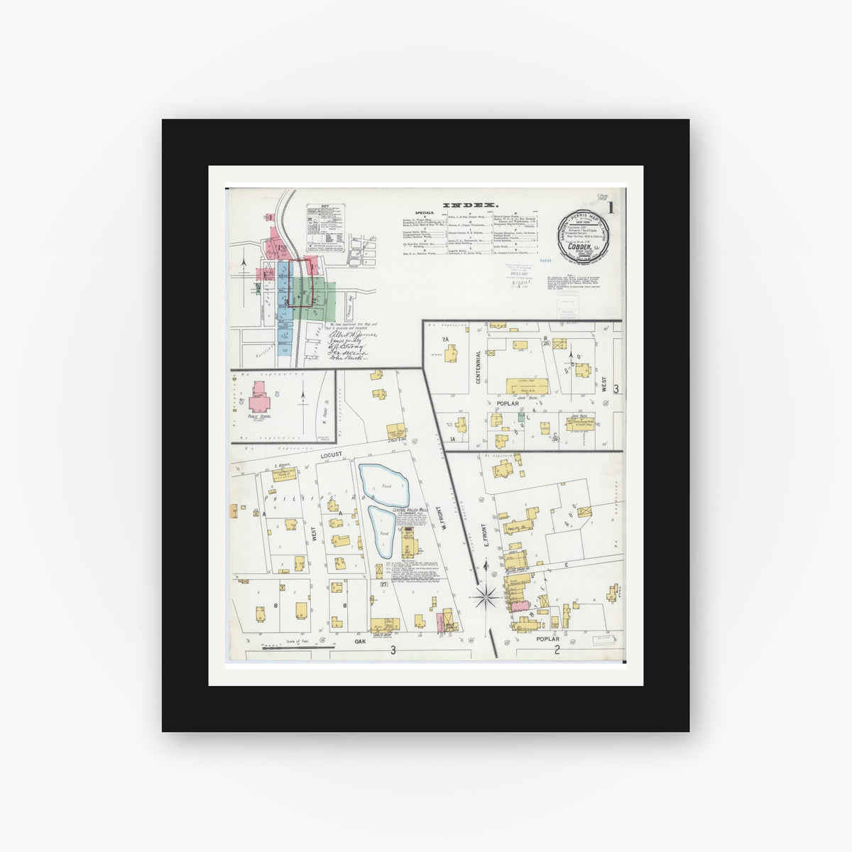 Old map wall art mockup — black gallery frame with white mat — Sanborn Fire Insurance Map from Cobden, Union County, Illinois (1900), Sheet #0001