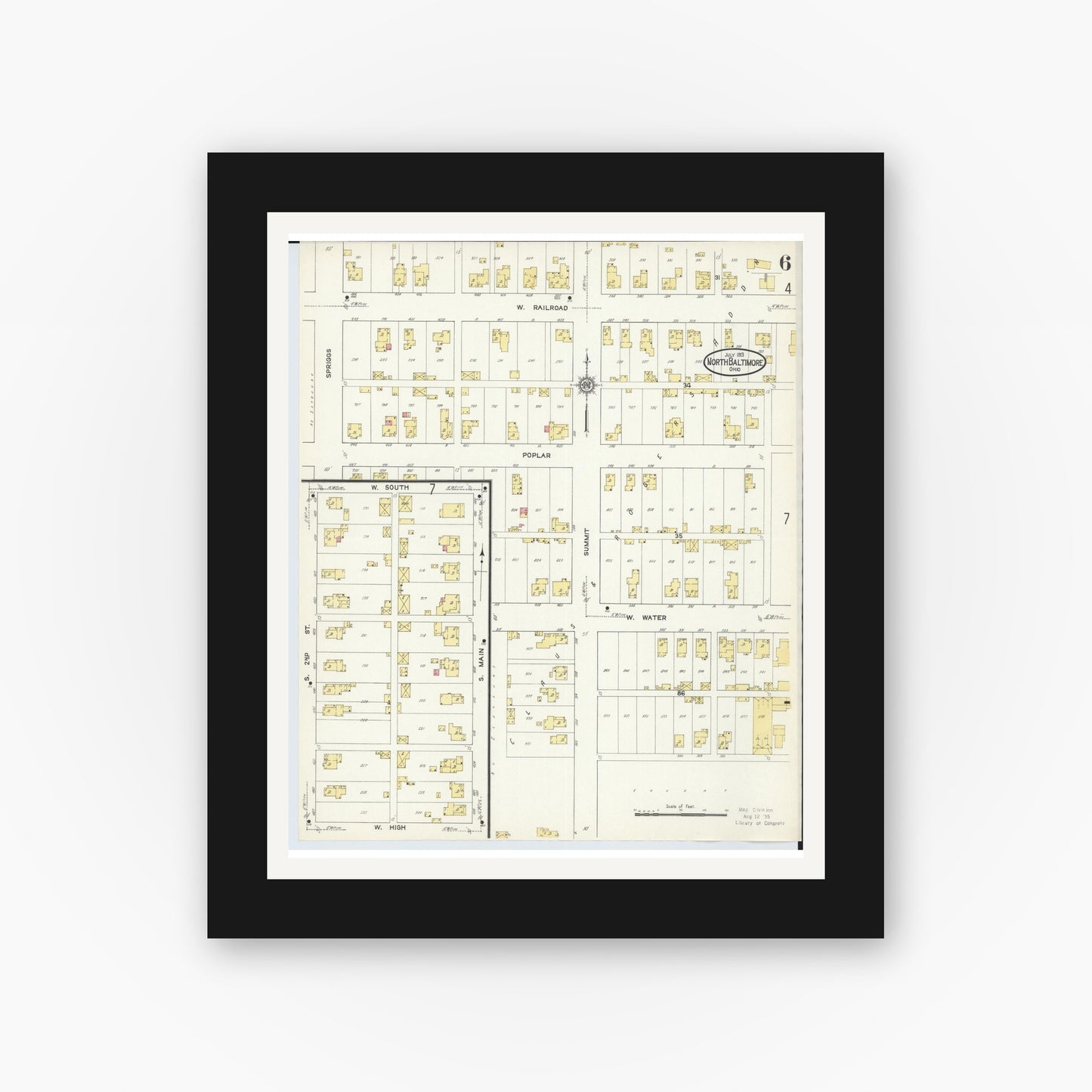 Old map wall art mockup — black gallery frame with white mat — Sanborn Fire Insurance Map from North Baltimore, Wood County, Ohio (1913), Sheet #0006