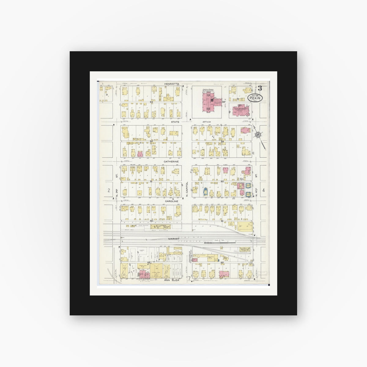 Old map wall art mockup — black gallery frame with white mat — Sanborn Fire Insurance Map from Pekin, Tazewell County, Illinois (1916), Sheet #0003