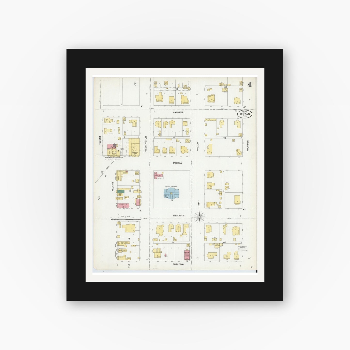 Old map wall art mockup — black gallery frame with white mat — Sanborn Fire Insurance Map from Bryan, Brazos County, Texas (1901), Sheet #0004