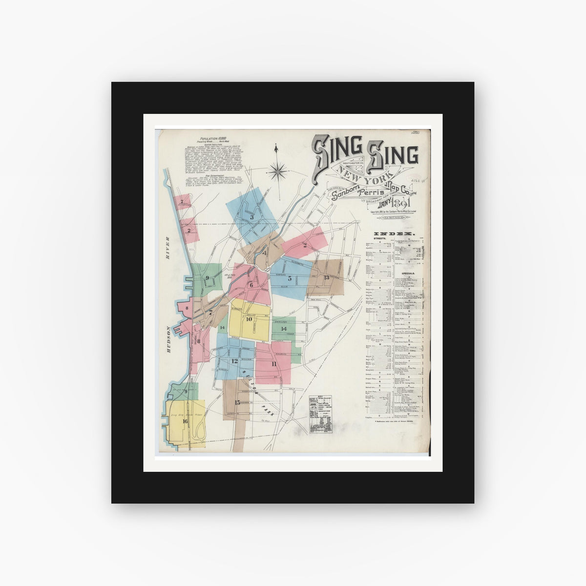 Old map wall art mockup — black gallery frame with white mat — Sanborn Fire Insurance Map from Sing Sing, Westchester County, New York (1891), Sheet #0001