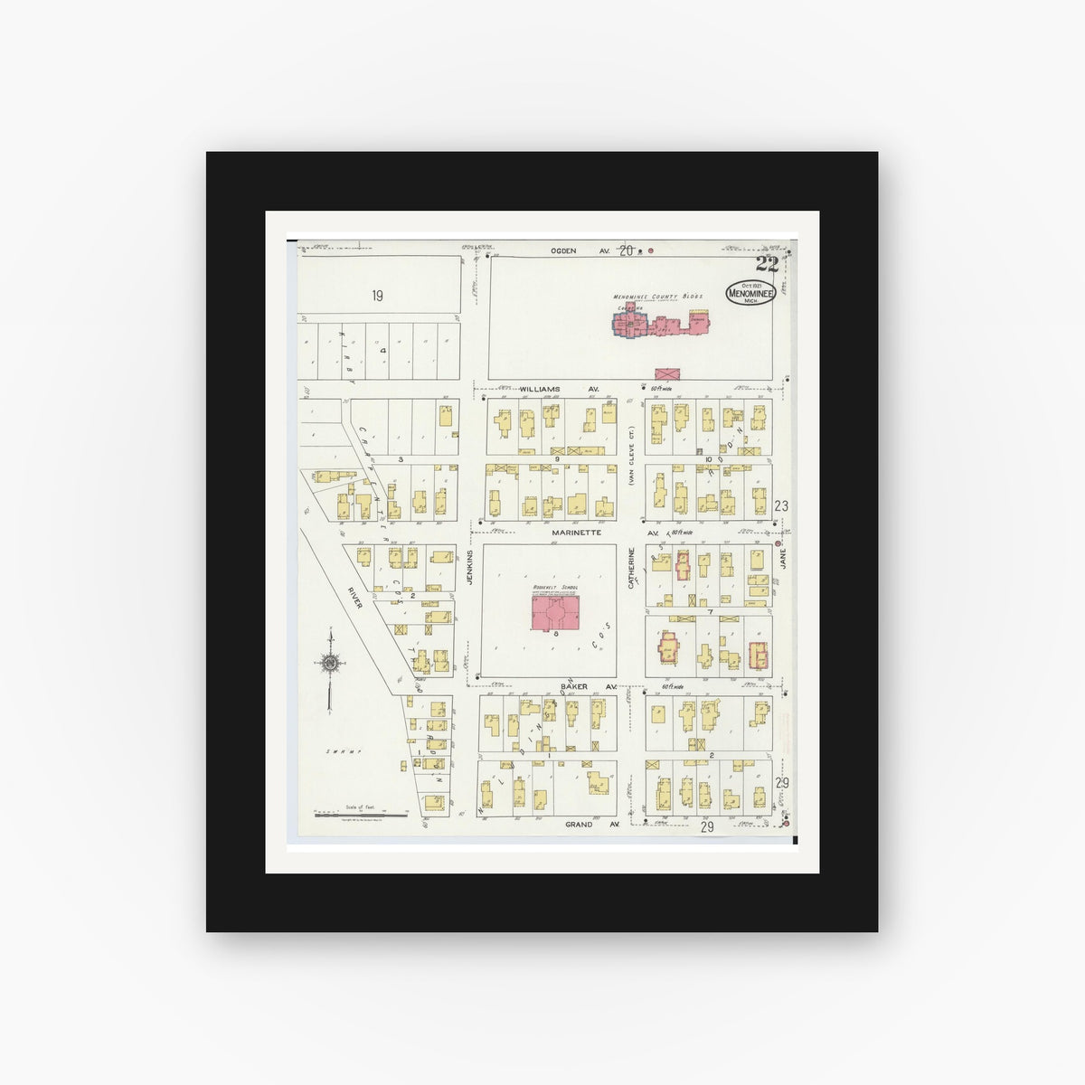 Old map wall art mockup — black gallery frame with white mat — Sanborn Fire Insurance Map from Menominee, Menominee County, Michigan (1921), Sheet #0022