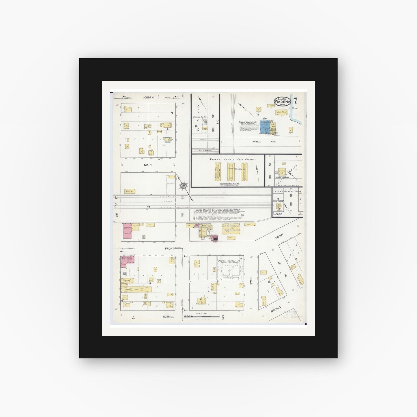Old map wall art mockup — black gallery frame with white mat — Sanborn Fire Insurance Map from Wadena, Wadena County, Minnesota (1916), Sheet #0007