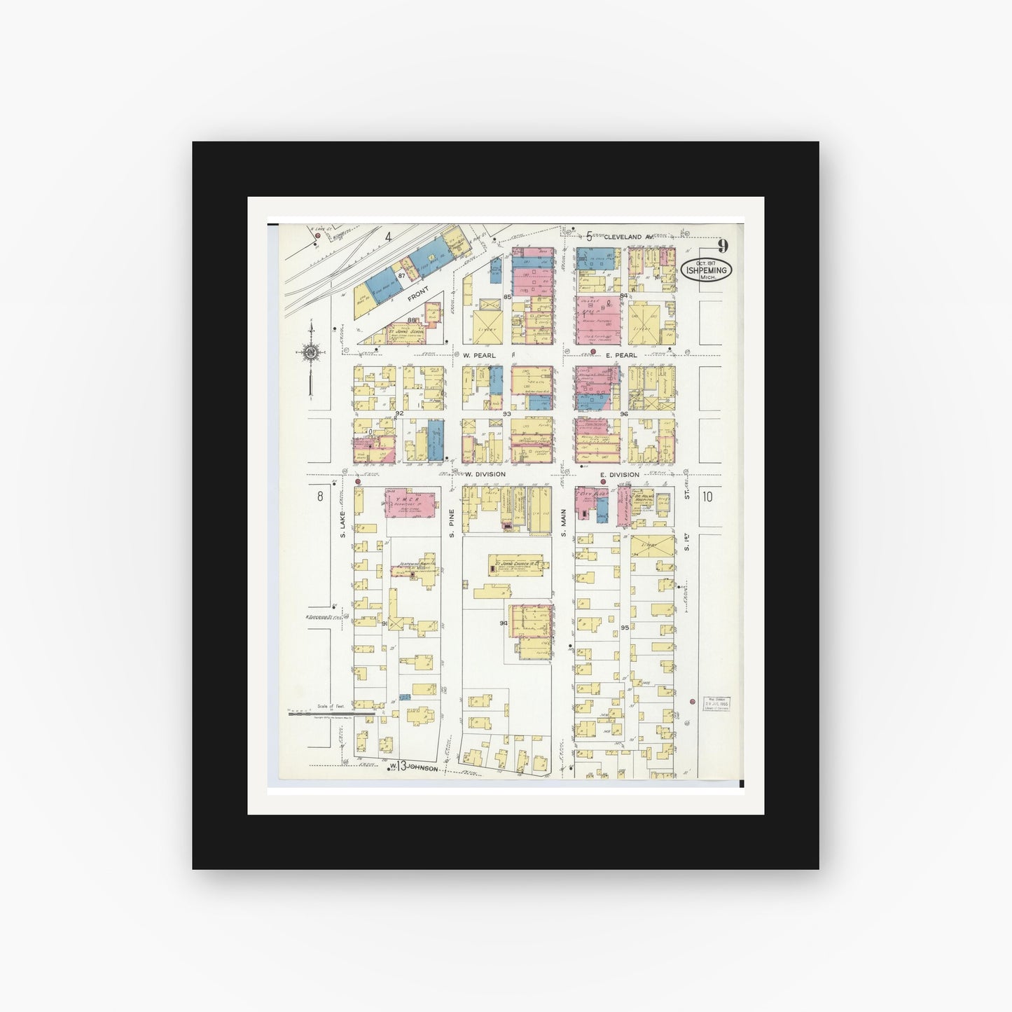 Old map wall art mockup — black gallery frame with white mat — Sanborn Fire Insurance Map from Ishpeming, Marquette County, Michigan (1917), Sheet #0009