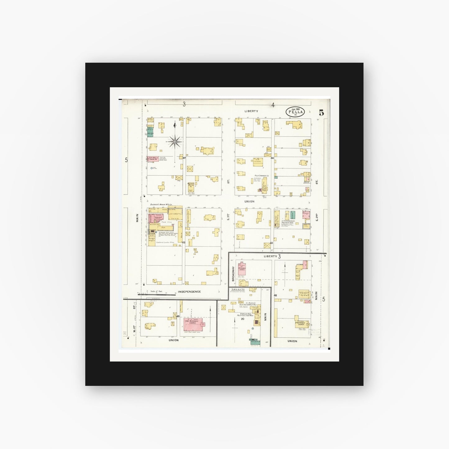 Old map wall art mockup β black gallery frame with white mat β Sanborn Fire Insurance Map from Pella, Marion County, Iowa (1906), Sheet #0005