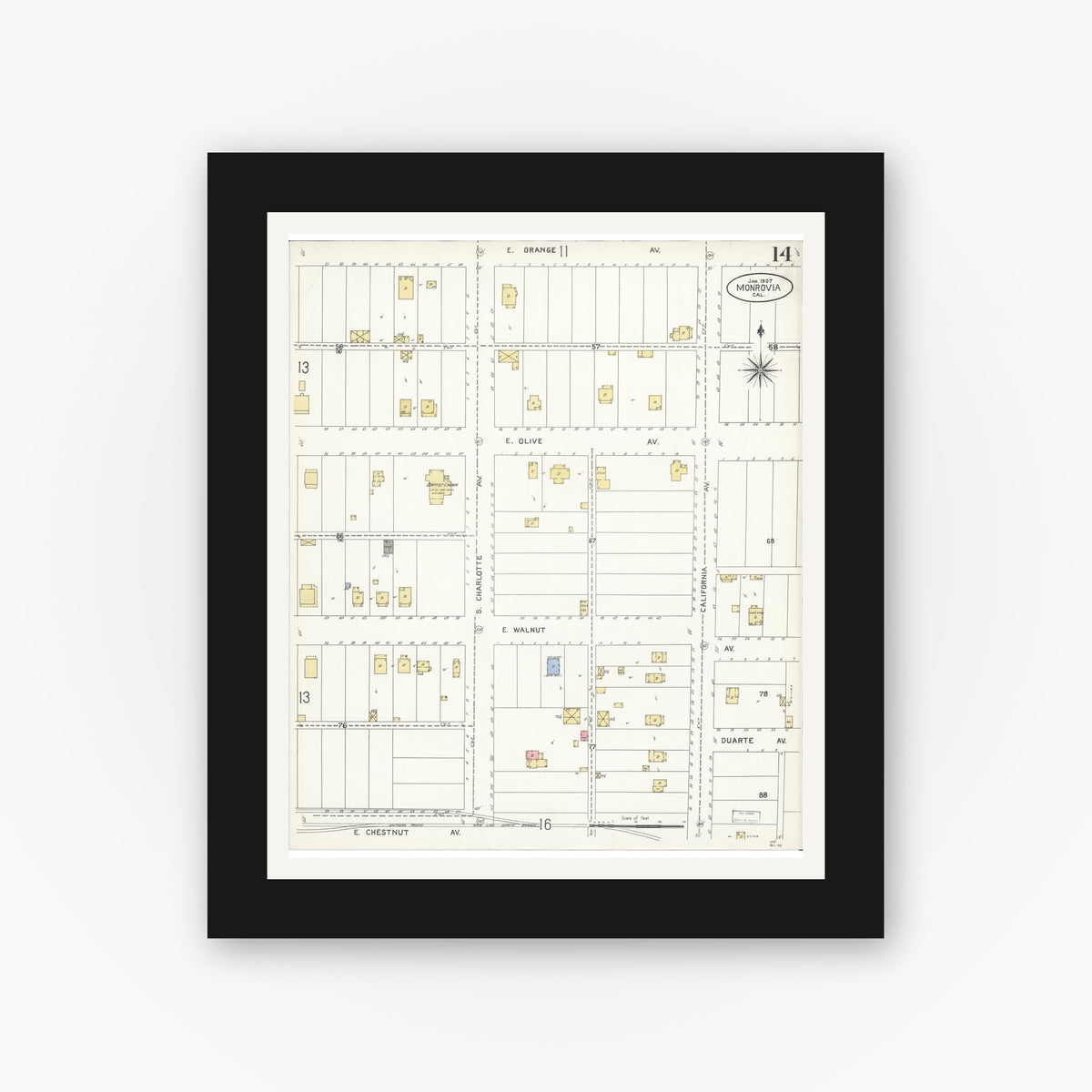 Old map wall art mockup — black gallery frame with white mat — Sanborn Fire Insurance Map from Monrovia, Los Angeles County, California (1907), Sheet #0014