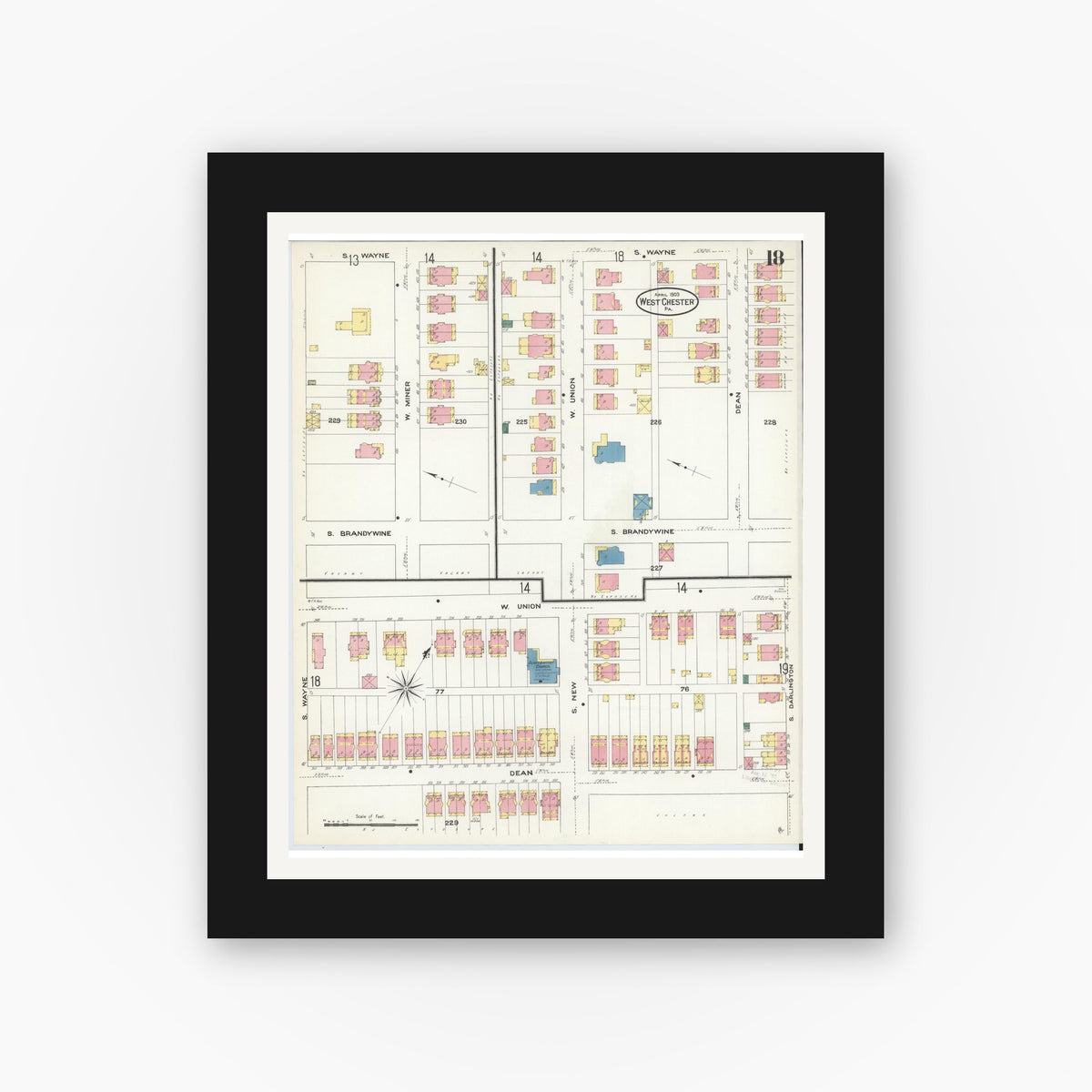 Old map wall art mockup — black gallery frame with white mat — Sanborn Fire Insurance Map from West Chester, Chester County, Pennsylvania (1909), Sheet #0018