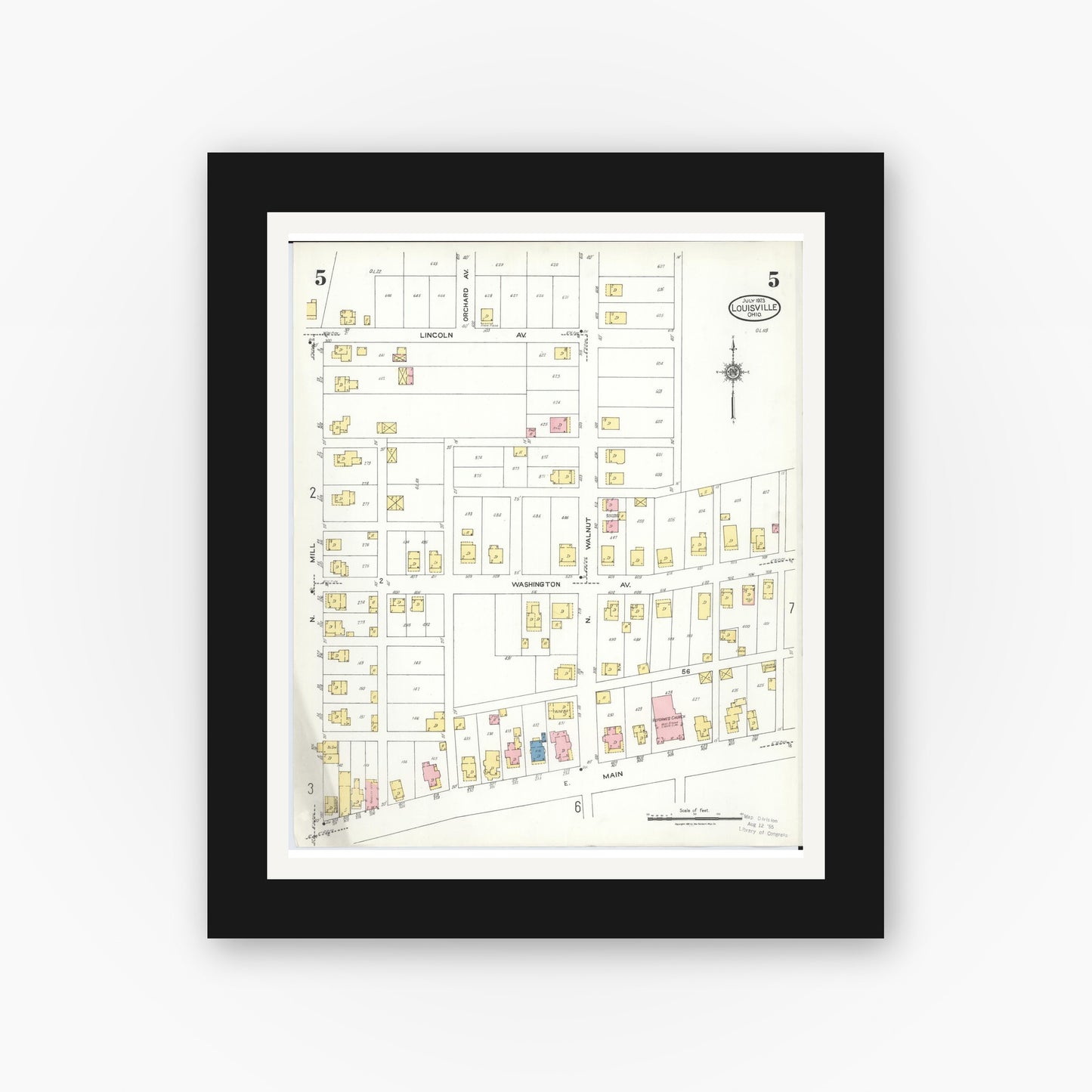 Old map wall art mockup — black gallery frame with white mat — Sanborn Fire Insurance Map from Louisville, Stark County, Ohio (1923), Sheet #0005