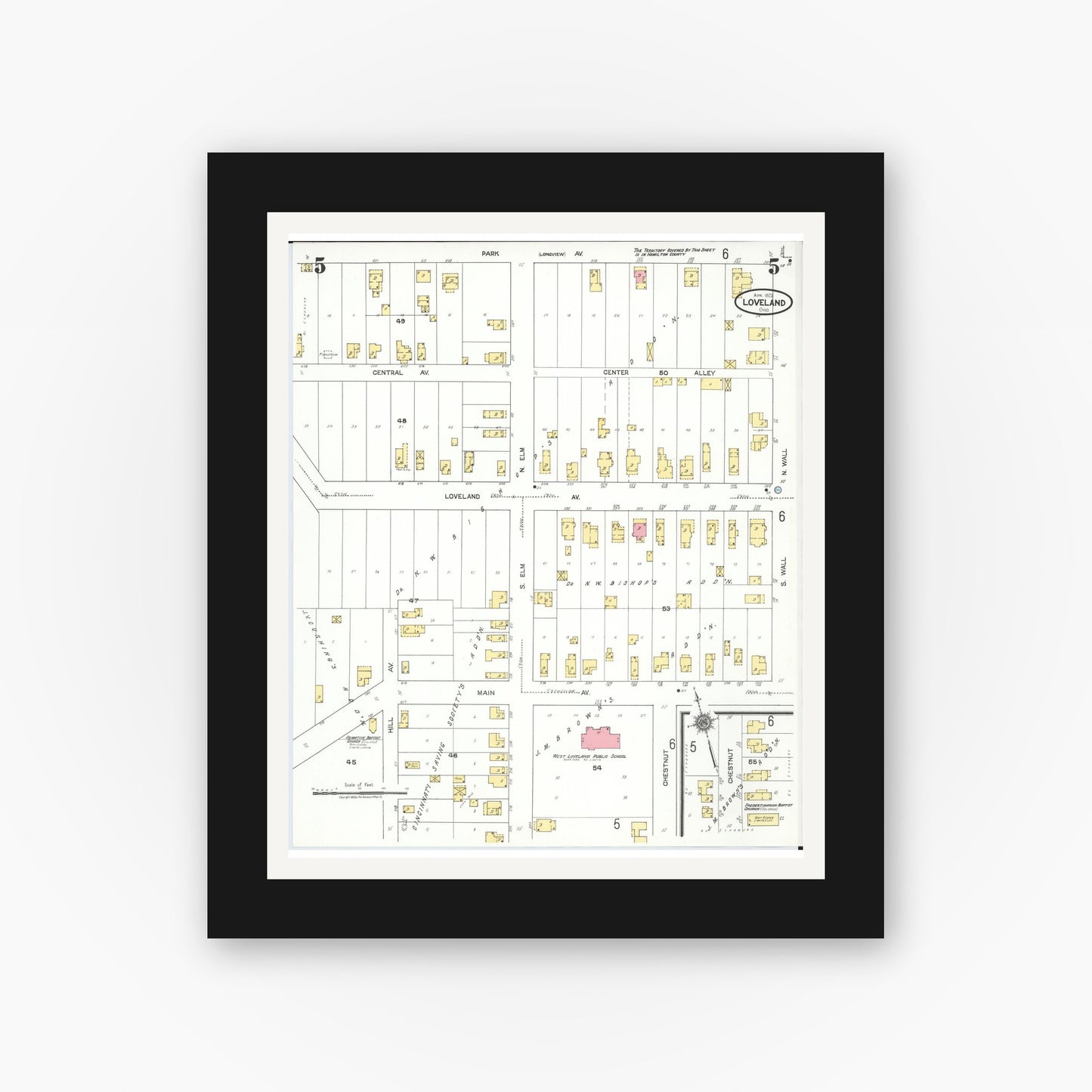 Old map wall art mockup — black gallery frame with white mat — Sanborn Fire Insurance Map from Loveland, Clermont, Hamilton, And Warren County, Ohio (1923), Sheet #0005