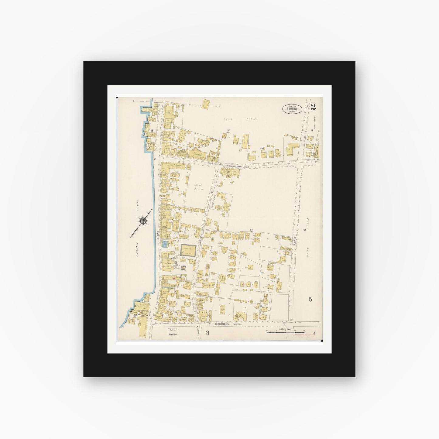 Old map wall art mockup — black gallery frame with white mat — Sanborn Fire Insurance Map from Lahaina, Maui County, Hawaii (1914), Sheet #0002