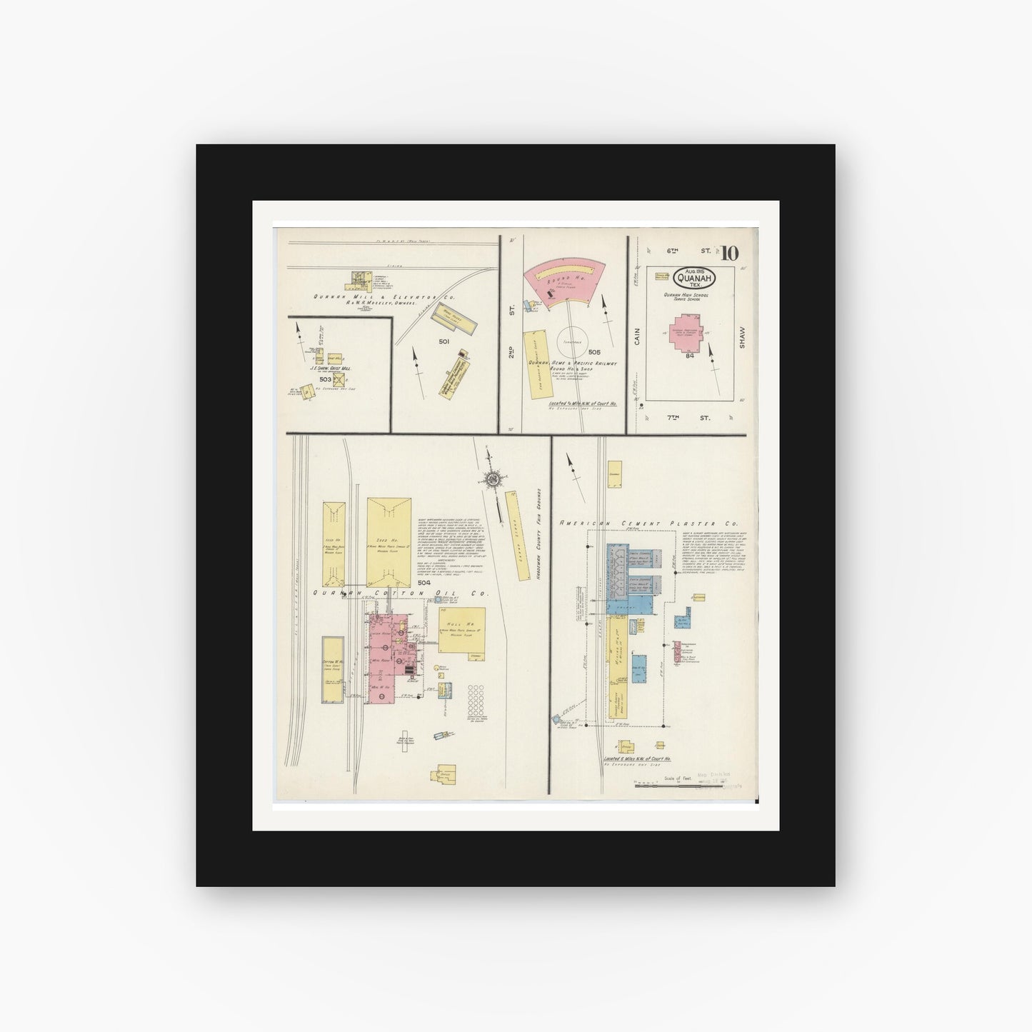 Old map wall art mockup — black gallery frame with white mat — Sanborn Fire Insurance Map from Quanah, Hardeman County, Texas (1915), Sheet #0010