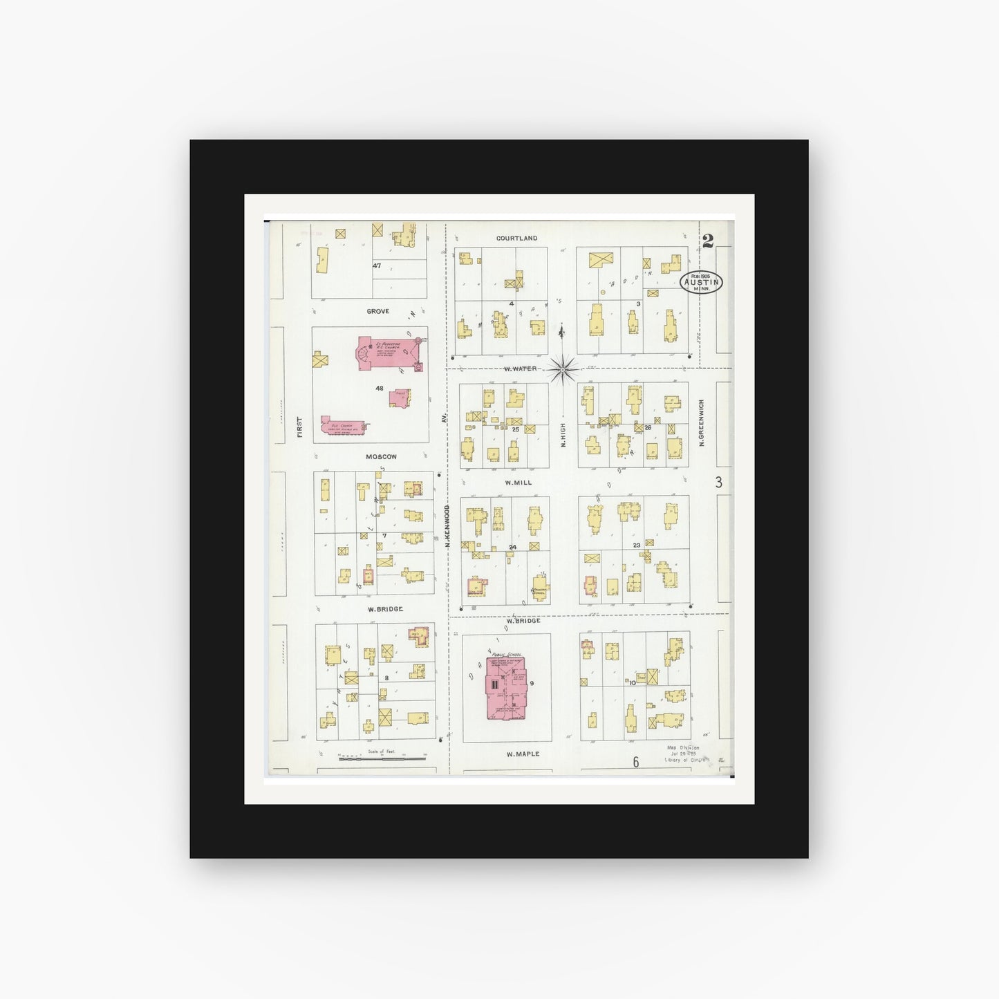 Old map wall art mockup — black gallery frame with white mat — Sanborn Fire Insurance Map from Austin, Mower County, Minnesota (1905), Sheet #0002