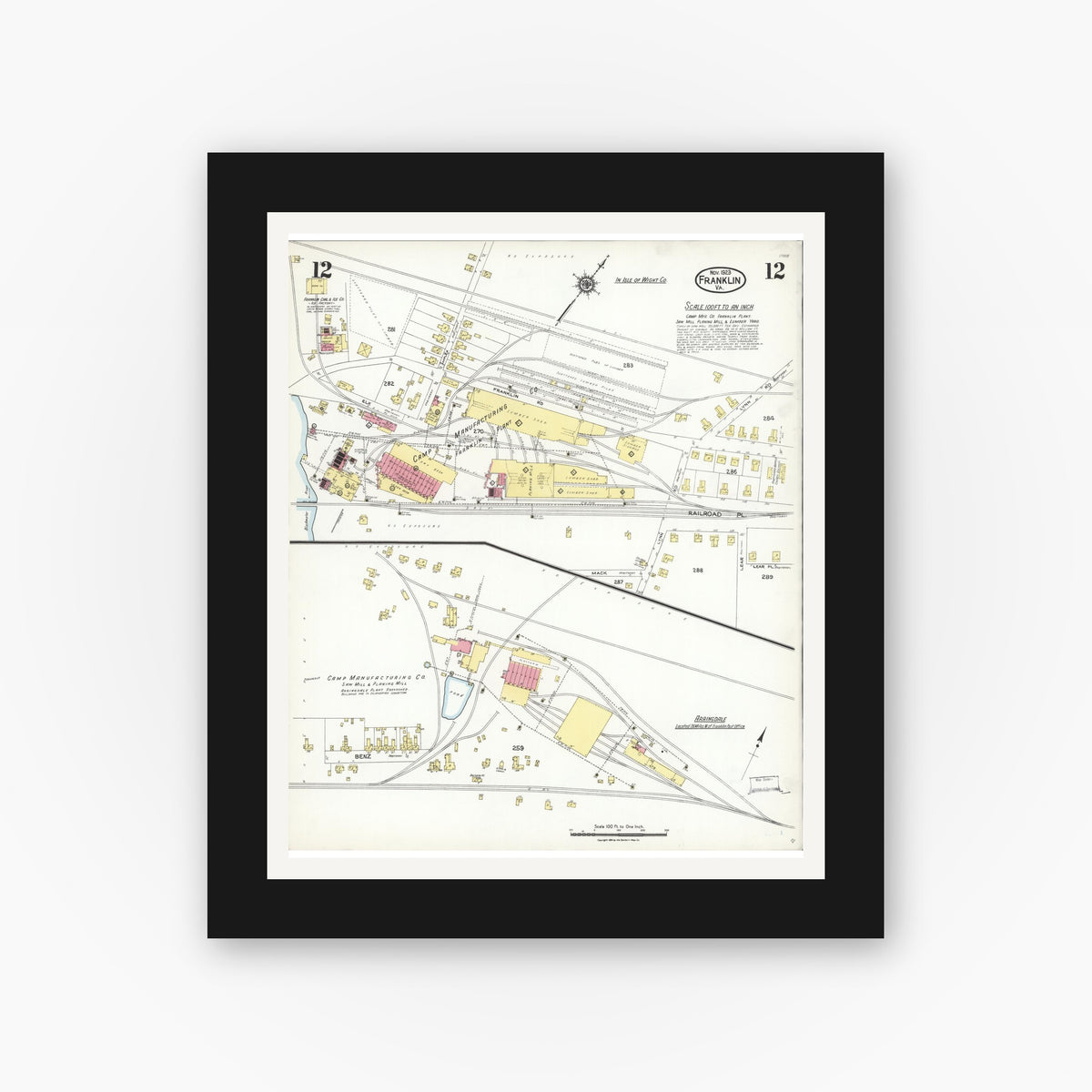 Old map wall art mockup — black gallery frame with white mat — Sanborn Fire Insurance Map from Franklin, Independent Cities, Virginia (1923), Sheet #0012