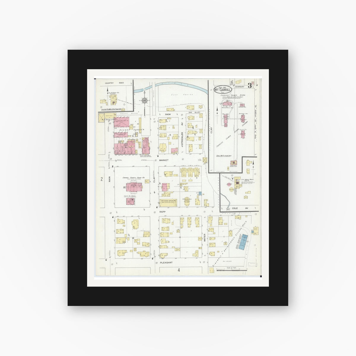 Old map wall art mockup — black gallery frame with white mat — Sanborn Fire Insurance Map from Mount Carroll, Carroll County, Illinois (1912), Sheet #0003