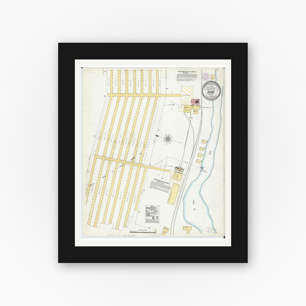 Old map wall art mockup — black gallery frame with white mat — Sanborn Fire Insurance Map from Skibo, Saint Louis County, Minnesota (1904), Sheet #0001