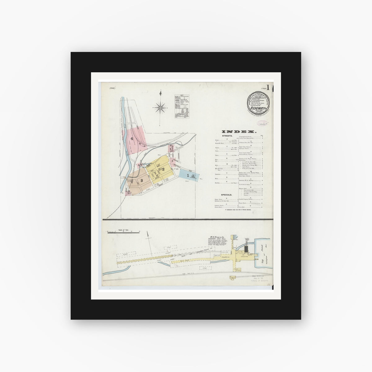 Old map wall art mockup — black gallery frame with white mat — Sanborn Fire Insurance Map from Ridgway, Elk County, Pennsylvania (1887) - Complete Map Set
