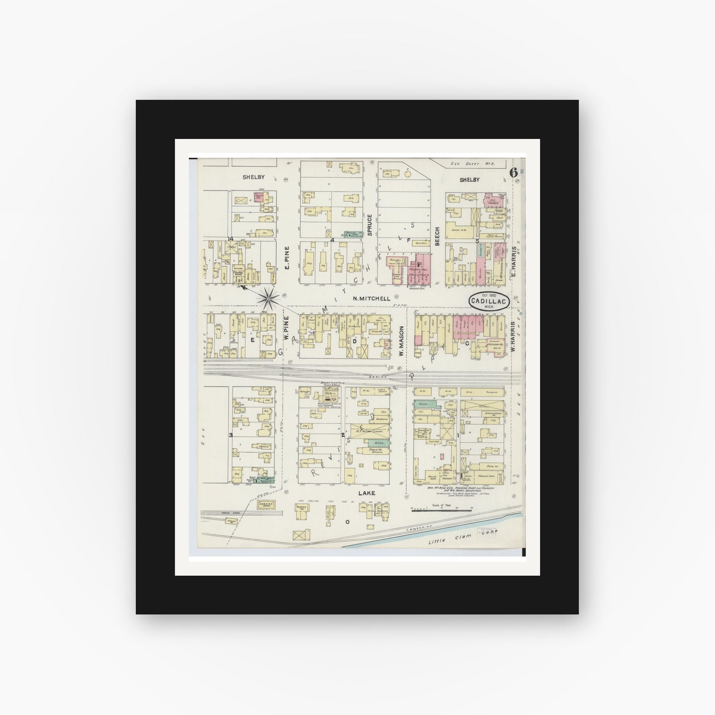 Old map wall art mockup — black gallery frame with white mat — Sanborn Fire Insurance Map from Cadillac, Wexford County, Michigan (1890), Sheet #0006