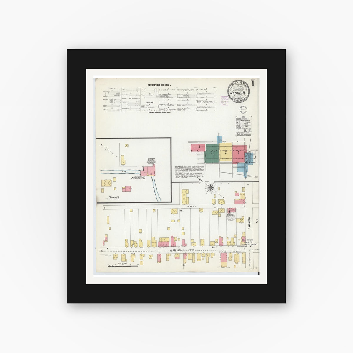 Old map wall art mockup — black gallery frame with white mat — Sanborn Fire Insurance Map from Manheim, Lancaster County, Pennsylvania (1902), Sheet #0001