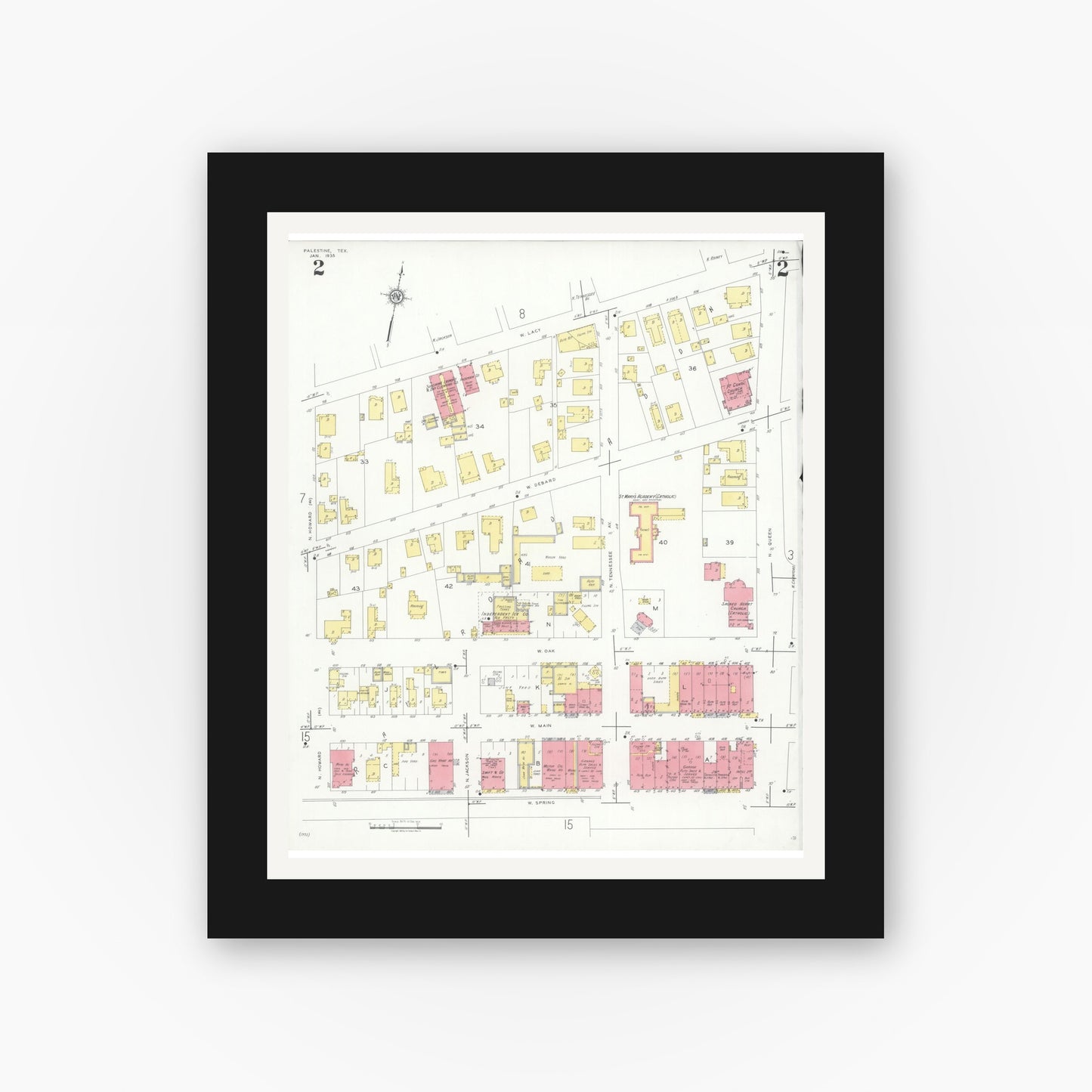 Old map wall art mockup — black gallery frame with white mat — Sanborn Fire Insurance Map from Palestine, Anderson County, Texas (1935), Sheet #0002