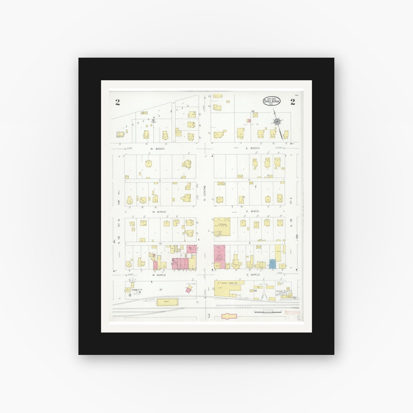 Old map wall art mockup — black gallery frame with white mat — Sanborn Fire Insurance Map from Shelbina, Shelby County, Missouri (1930), Sheet #0002