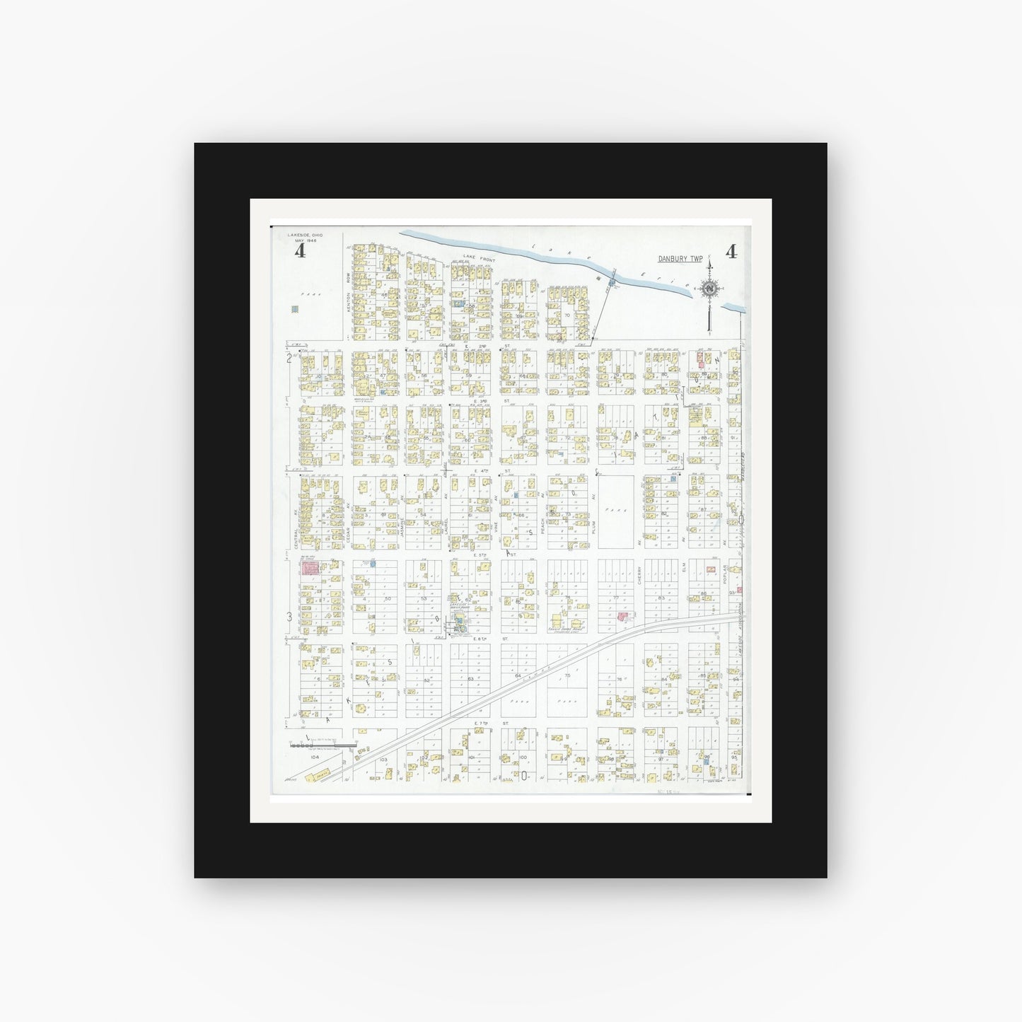 Old map wall art mockup — black gallery frame with white mat — Sanborn Fire Insurance Map from Lakeside, Ottawa County, Ohio (1946), Sheet #0004