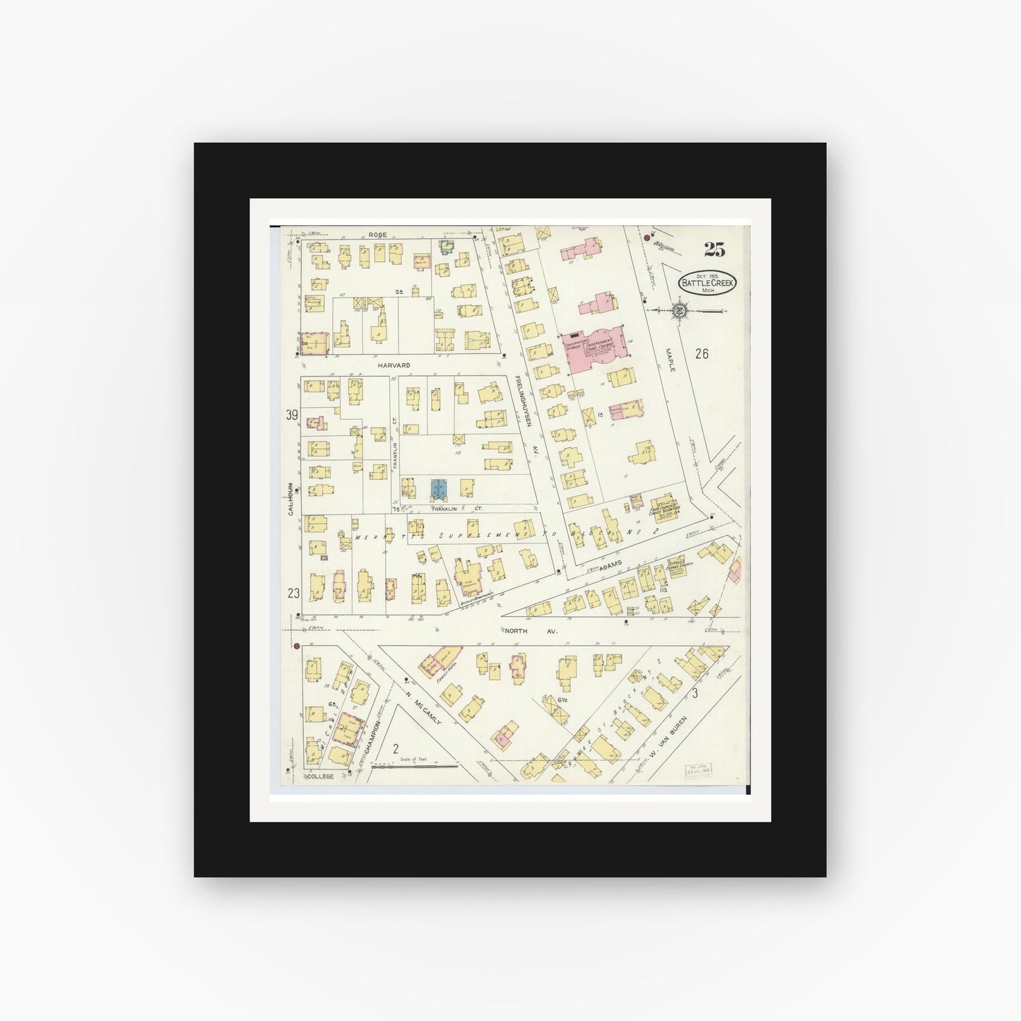 Old map wall art mockup — black gallery frame with white mat — Sanborn Fire Insurance Map from Battle Creek, Calhoun County, Michigan (1913), Sheet #0025