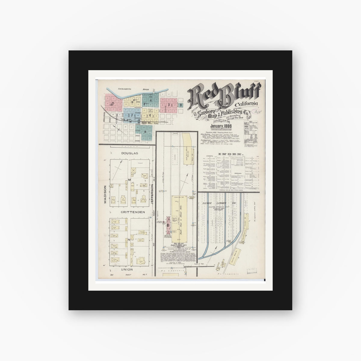 Old map wall art mockup — black gallery frame with white mat — Sanborn Fire Insurance Map from Red Bluff, Tehama County, California (1886) - Complete Map Set