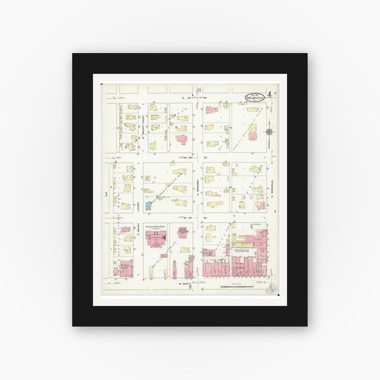 Old map wall art mockup — black gallery frame with white mat — Sanborn Fire Insurance Map from Shelbyville, Shelby County, Illinois (1911), Sheet #0004