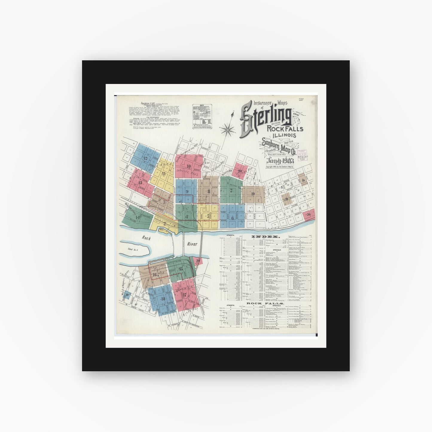 Old map wall art mockup — black gallery frame with white mat — Sanborn Fire Insurance Map from Sterling, Whiteside County, Illinois (1903) - Complete Map Set