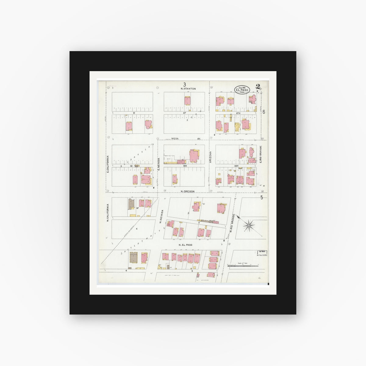 Old map wall art mockup — black gallery frame with white mat — Sanborn Fire Insurance Map from El Paso, El Paso County, Texas (1905), Sheet #0002